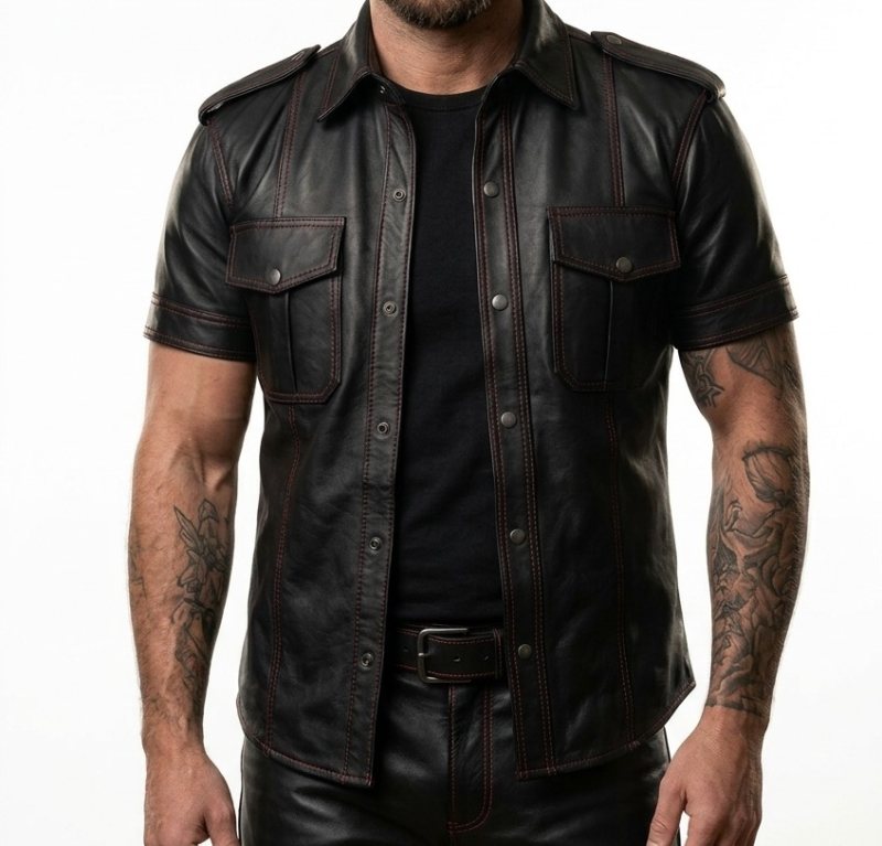 Men's Black Leather Short-Sleeve Button-Down Shirt – Classic Design, Front View