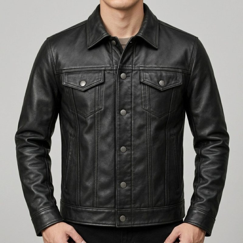 Men's classic black leather trucker jacket front view