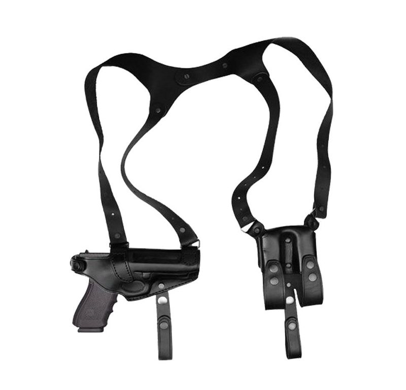 Premium Black Leather Horizontal Shoulder Holster – Double Mag Pouch