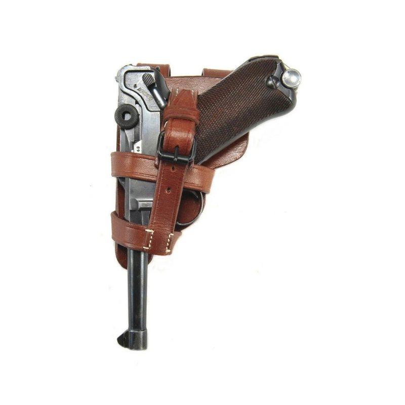 German paratrooper pattern leather holster worn view showing strap retention system