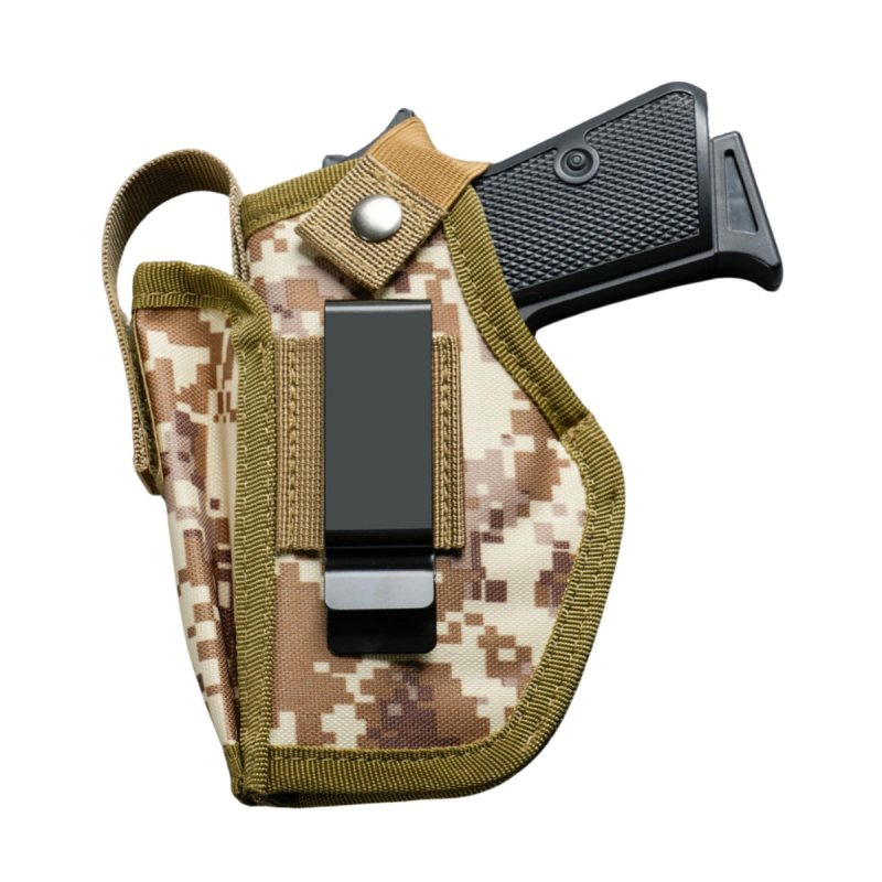 Green Camouflage Nylon IWB OWB Holster With Mag Pouch front view with metal clip and retention strap