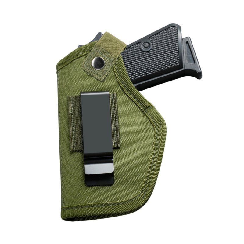 Green Nylon Universal IWB OWB Holster front view with metal clip and retention strap