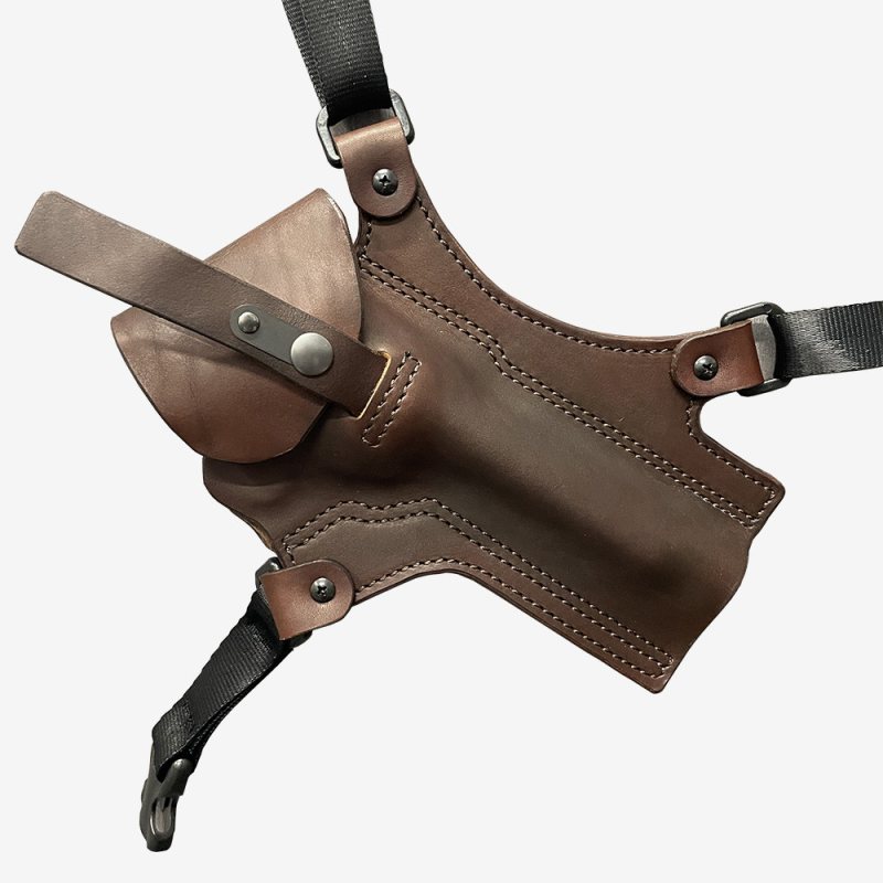 Half-flap revolver chest holster dark brown front
