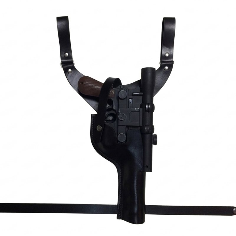Han Solo Inspired Black Leather Drop Holster close front view with molded body