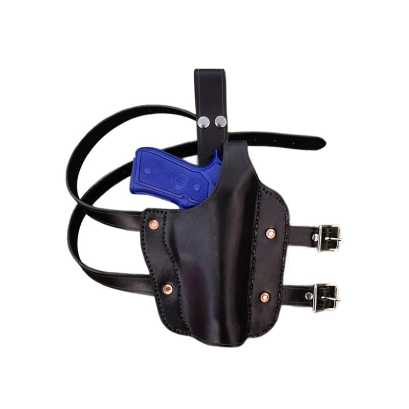 Handmade black leather thigh drop-leg holster with adjustable belt and leg straps, wet-molded for custom handgun fit