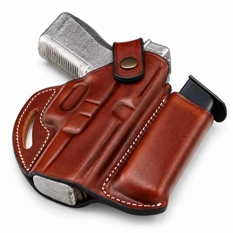 Brown handmade leather belt holster with snap retention and integrated magazine pouch, front view