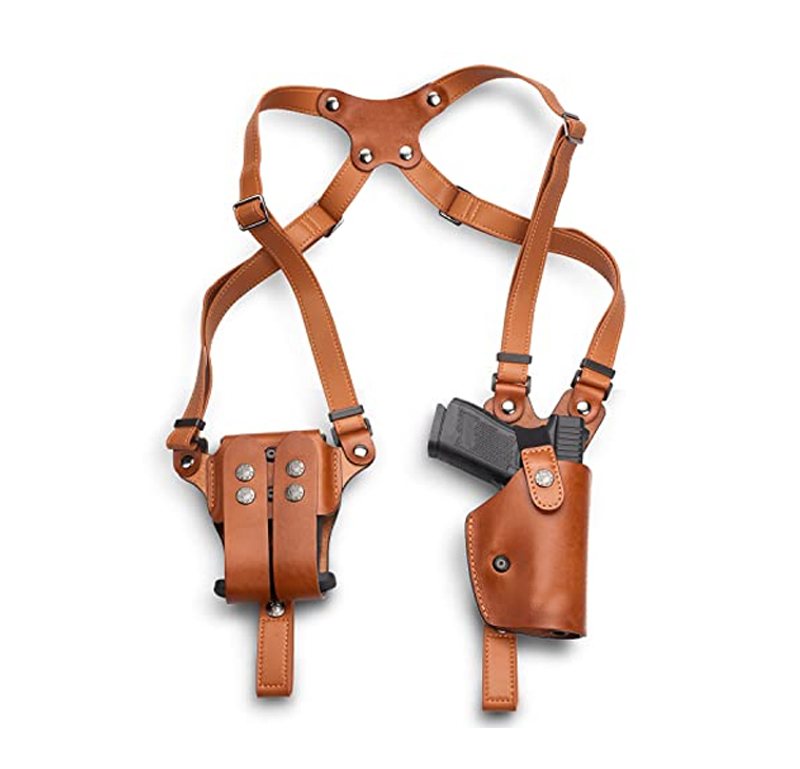 Handmade Tan Leather Vertical Shoulder Holster – Double Mag Pouch