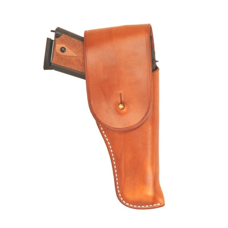 Brown leather flap belt holster with brass stud closure, shown worn on a belt with a 1911-style pistol inserted.