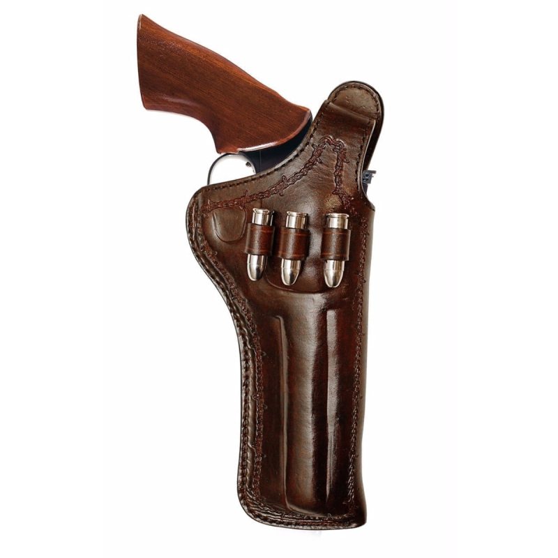 Duty leather holster with bullet loops showing OWB belt carry and reinforced thumb break retention