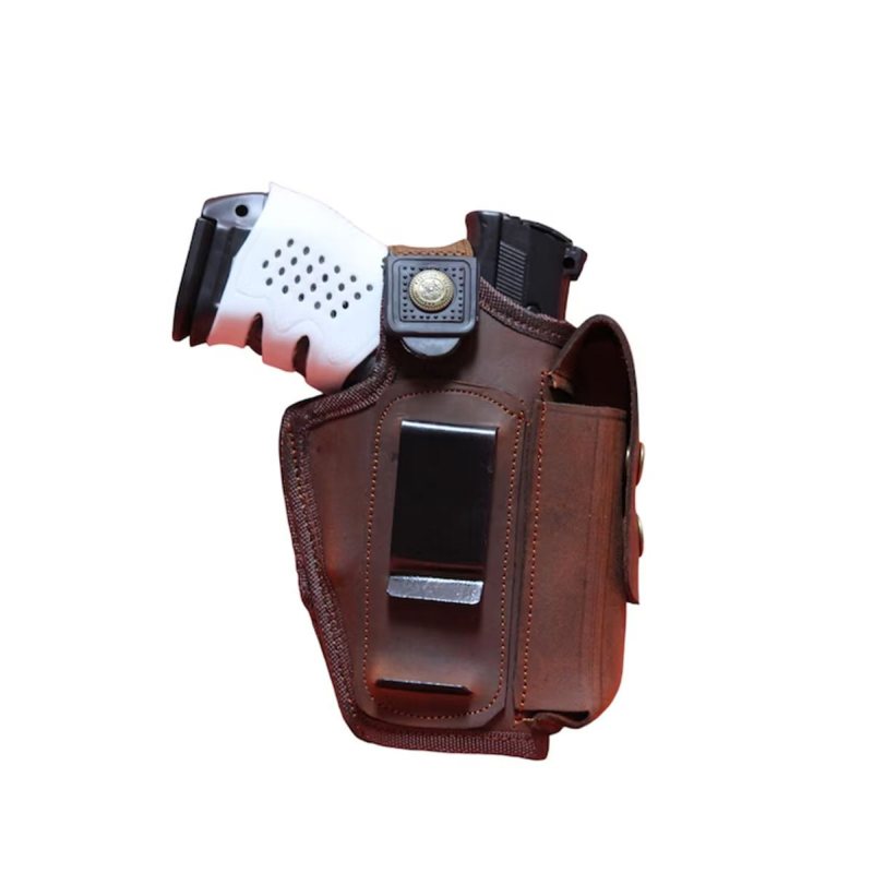 Leather OWB full-grain cowhide competition holster showing open-top design and secure belt attachment