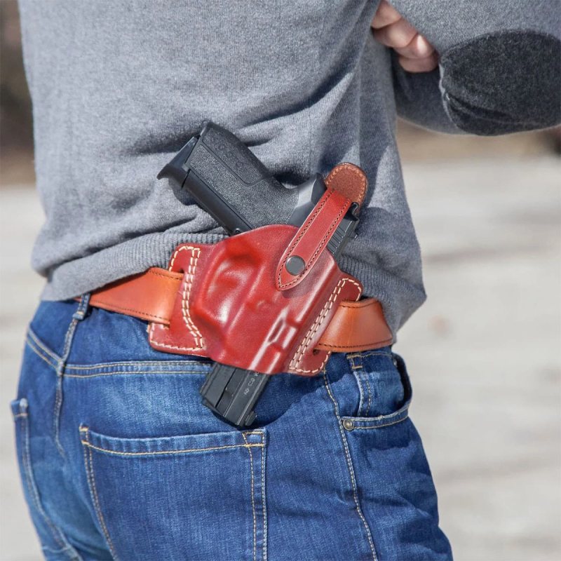 Handcrafted High-Ride OWB Leather Gun Holster - Custom Molded Brown Leather Holster for Perfect Fit and Security with Reinforced Steel Thumb Break