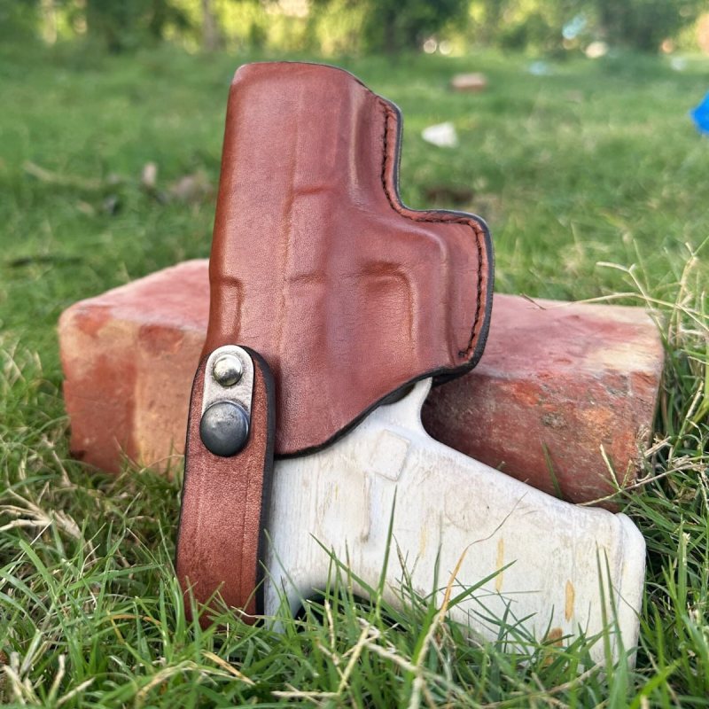 Handcrafted Slim Design OWB Belt Leather Gun Holster - Custom Molded Leather Holster for Perfect Fit with Front Security Strap