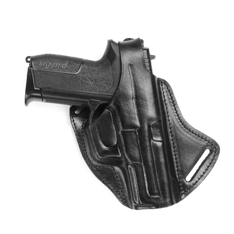 Handcrafted Cross-Draw Black Leather Gun Holster - Custom Molded OWB with Steel Reinforced Thumb Break for Perfect Fit & Security