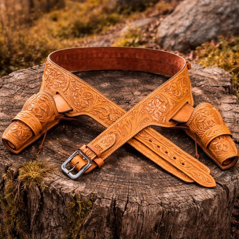 Laredoan Double Rig leather gun belt with dual OWB holsters and cartridge loops laid flat
