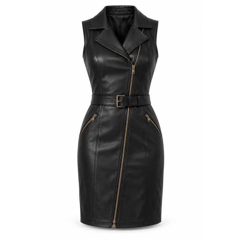 Ärmelloses Lederkleid im Biker-Stil mit Gürtel - Vorderansicht, schräger Reissverschluss und Gürtel