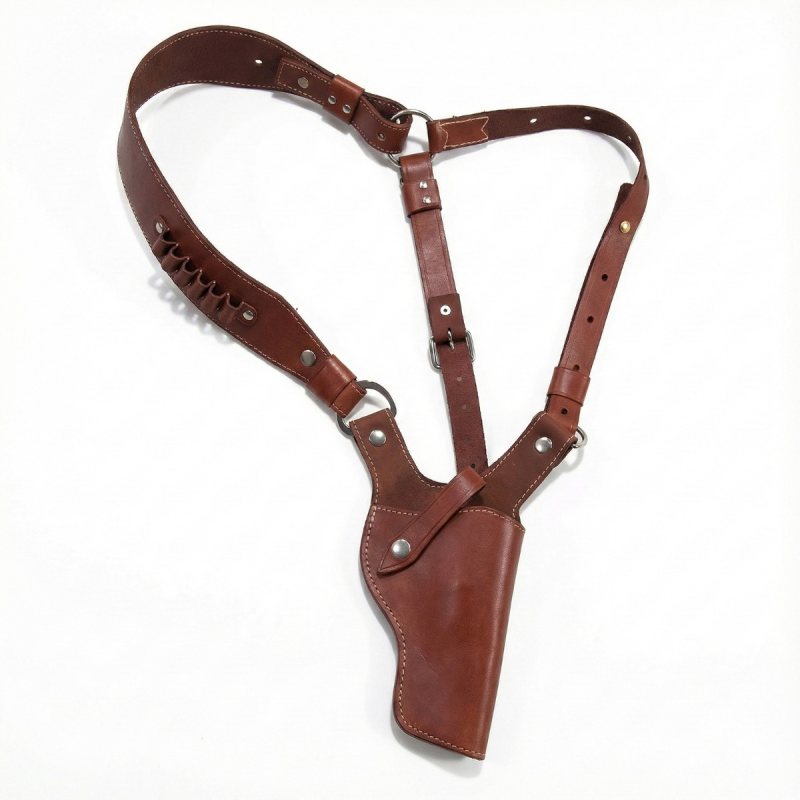Leather chest bandolier shoulder holster showing full harness layout laid flat