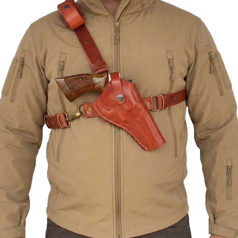 Brown leather chest holster worn front view