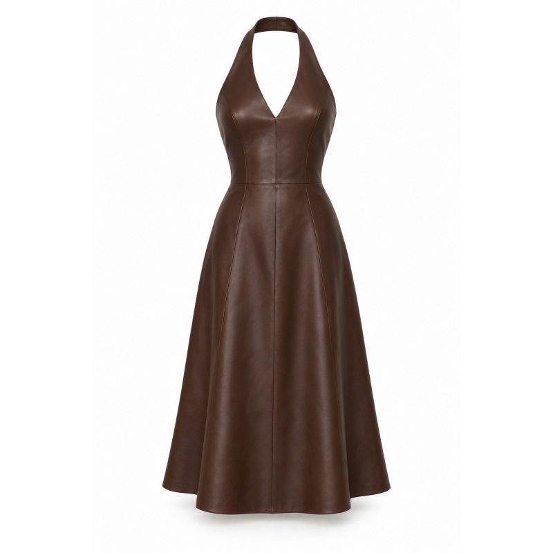 Leder-Neckholder-Midikleid nach Mass - Vollständige Vorderansicht, V-Ausschnitt und ausgestellter Midirock