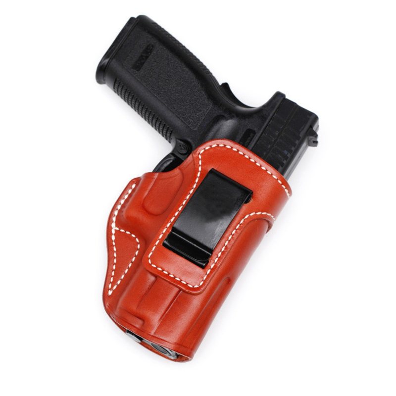 Brown Leather IWB Concealment Holster With Metal Clip angled front view showing reinforced stitching and open top design