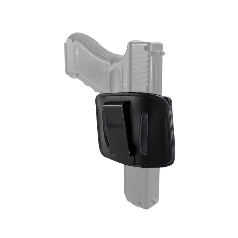 Black leather concealed carry holster worn inside the waistband on pistol