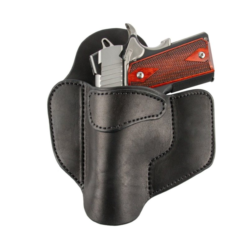 Leather OWB Pancake Holster – black leather left hand view – close riding pancake profile