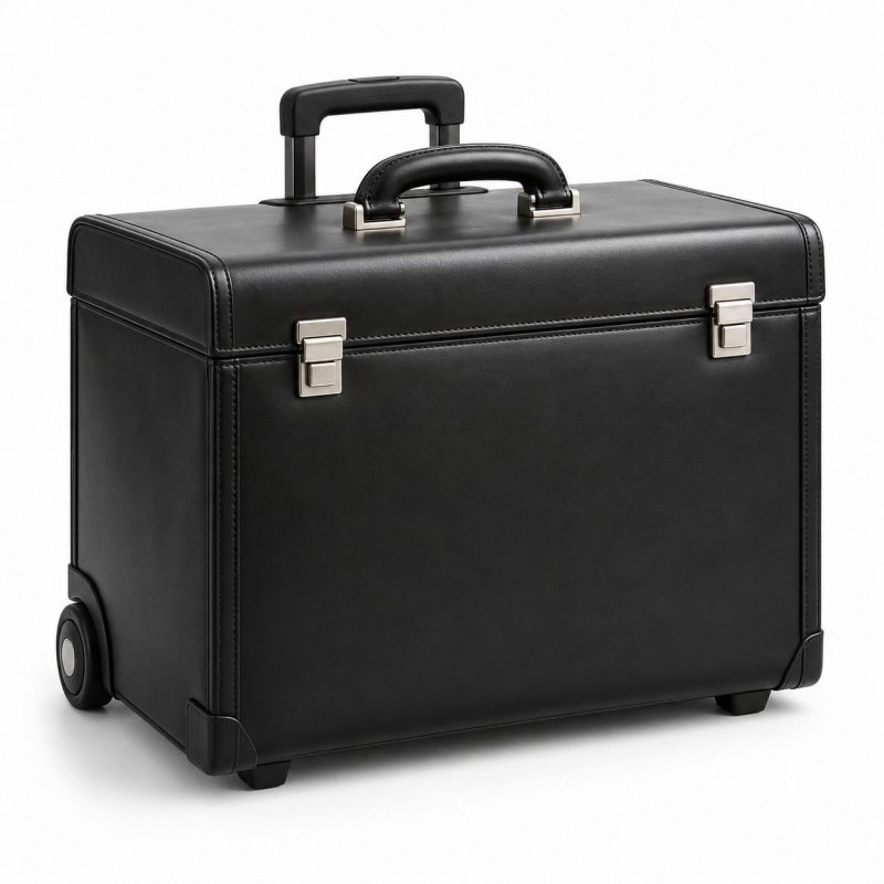 Rollbarer Leder-Pilotenkoffer für Unterlagen - Geschlossener Aktenkoffer, zwei Verschlüsse und Griff