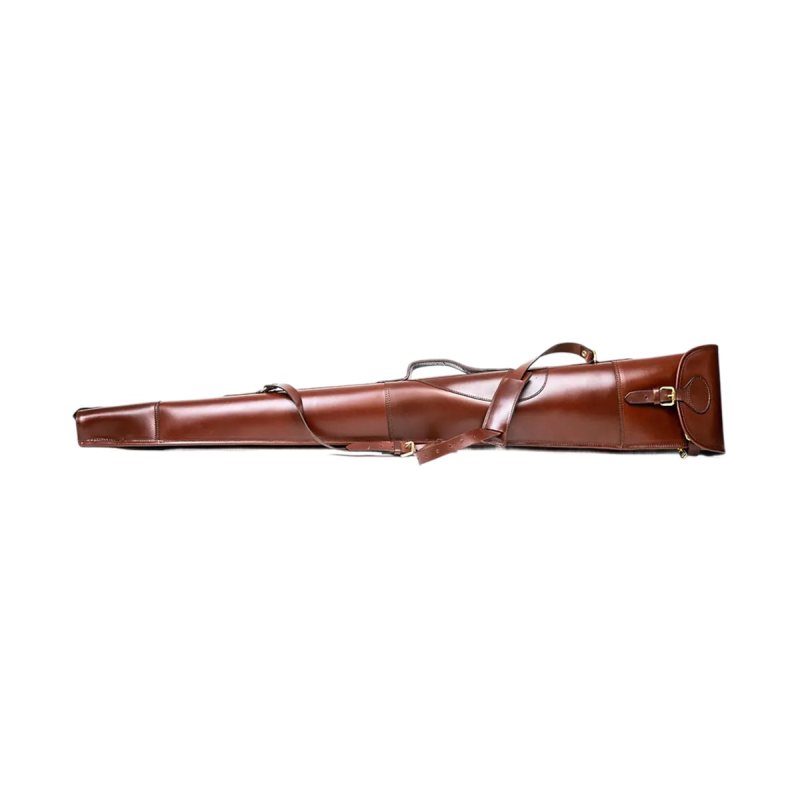 Leather shotgun slip case shown in full length side profile with shoulder strap