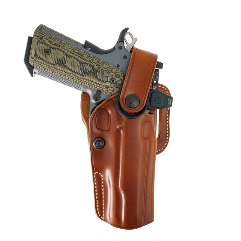 Brown Leather Strongside Crossdraw Belt Holster with retention strap molded design
