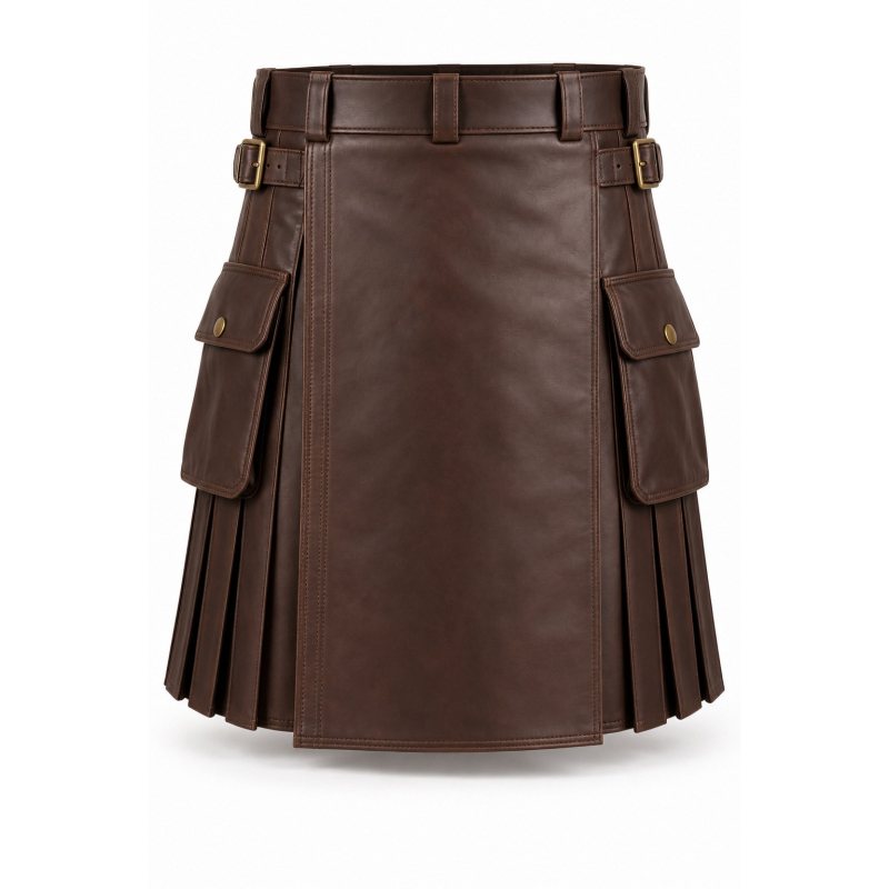 Leder-Utility-Kilt mit Cargotaschen nach Mass - Vollständige Vorderansicht und zwei Cargotaschen