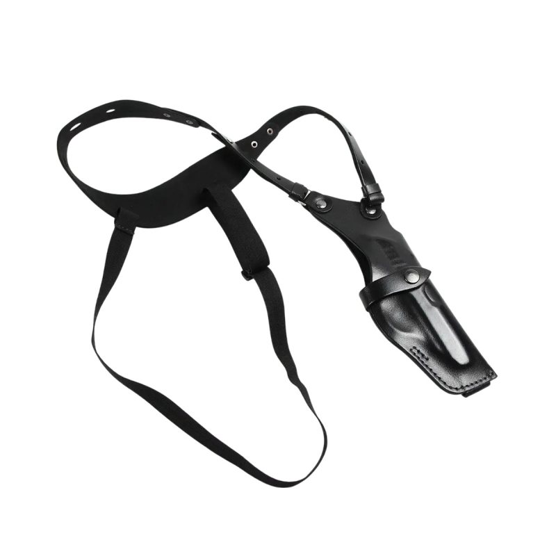 Black leather vertical shoulder carry holster with adjustable straps
