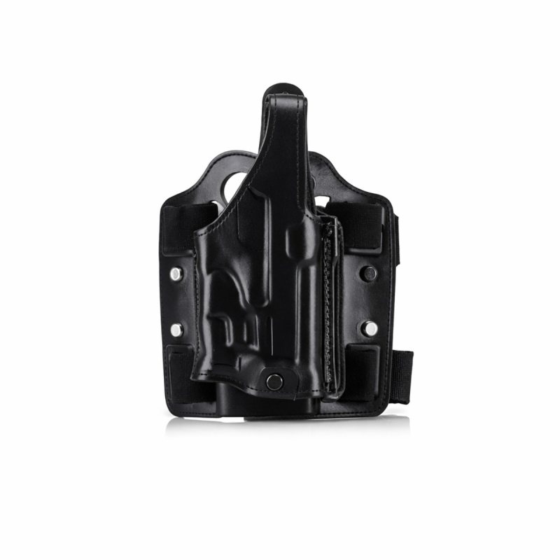 Leather Drop Leg Hunting Holster With Light main view showing leather holster body on drop leg platform