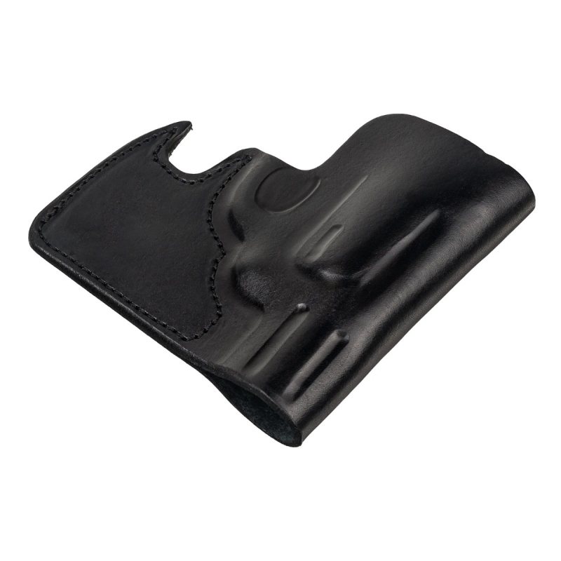 Black leather pocket holster shown angled to display slim pocket carry profile.