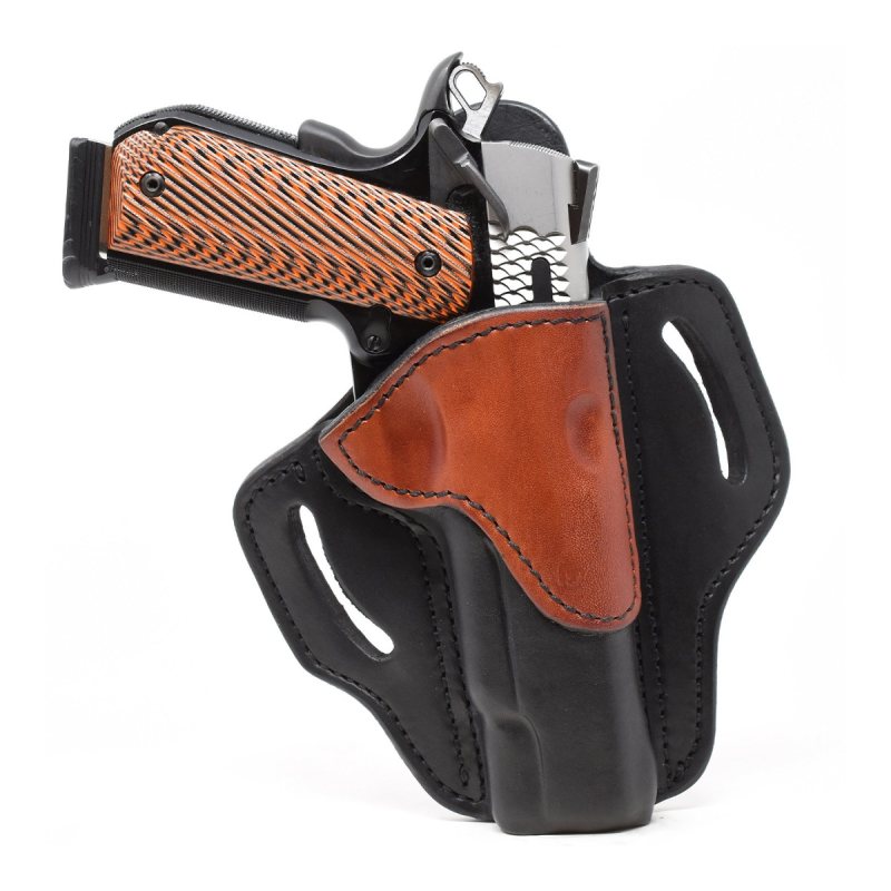Leather hunting belt holster with two tone black and brown leather showing molded OWB design and belt slots