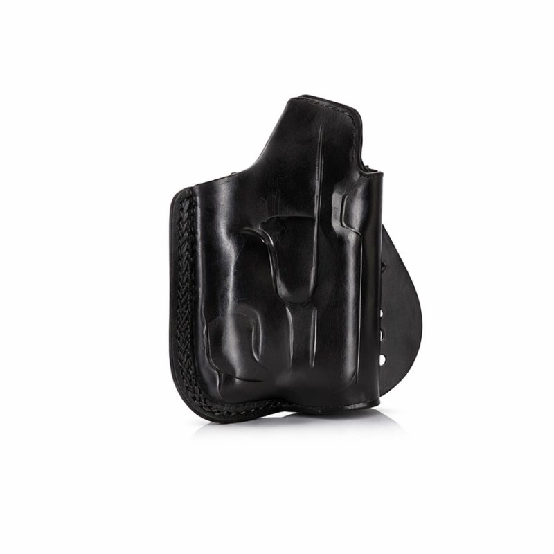 Leather OWB paddle holster front view showing molded body for light equipped handgun