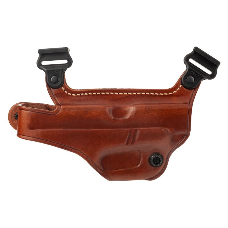 Tan leather shoulder holster component with adjustable tension screw and harness clips.