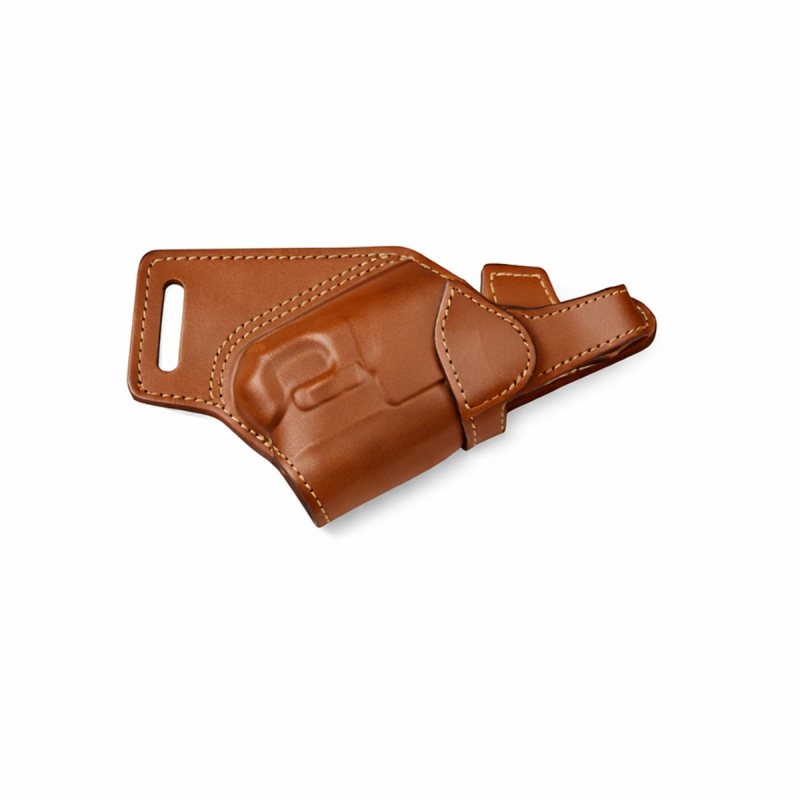 Leather small of back holster front view showing thumb break retention strap