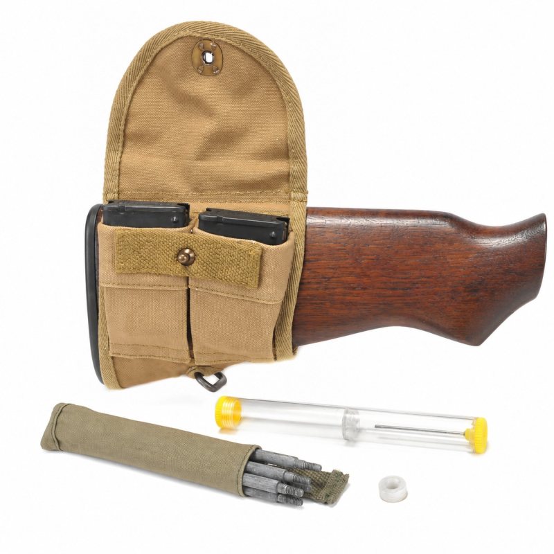 M1 Garand Buttstock Pouch and Cleaning Kit Set - Khaki - Full open pouch and cleaning kit; display stock and clips excluded