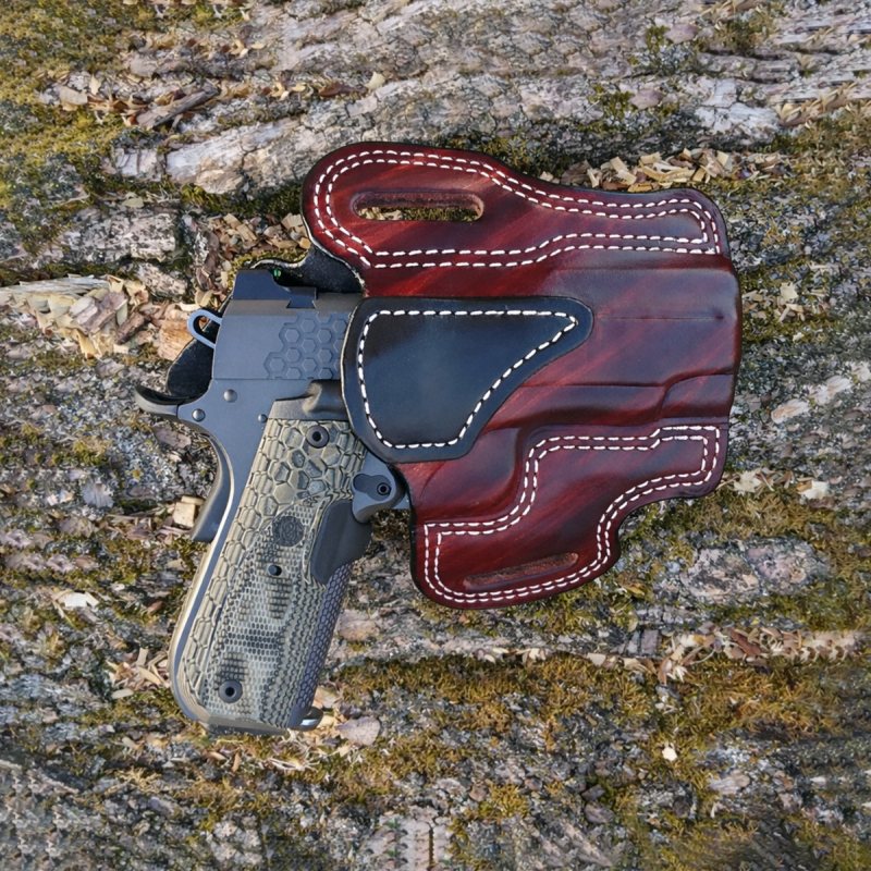 Mahogany leather OWB holster handcrafted from vegetable tanned cowhide with reinforced stitching