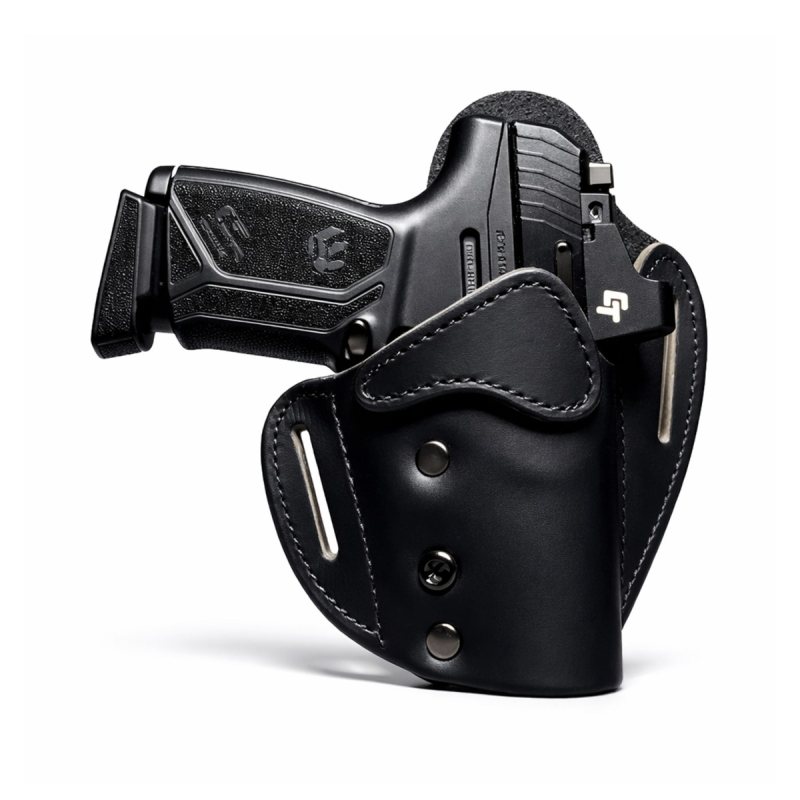 Matte Black LockLeather OWB Holster front view showing locking retention strap area and belt slots