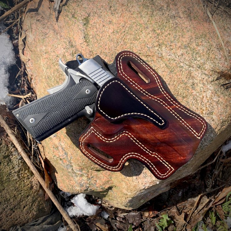 Medium brown leather OWB full size holster handcrafted from vegetable tanned cowhide