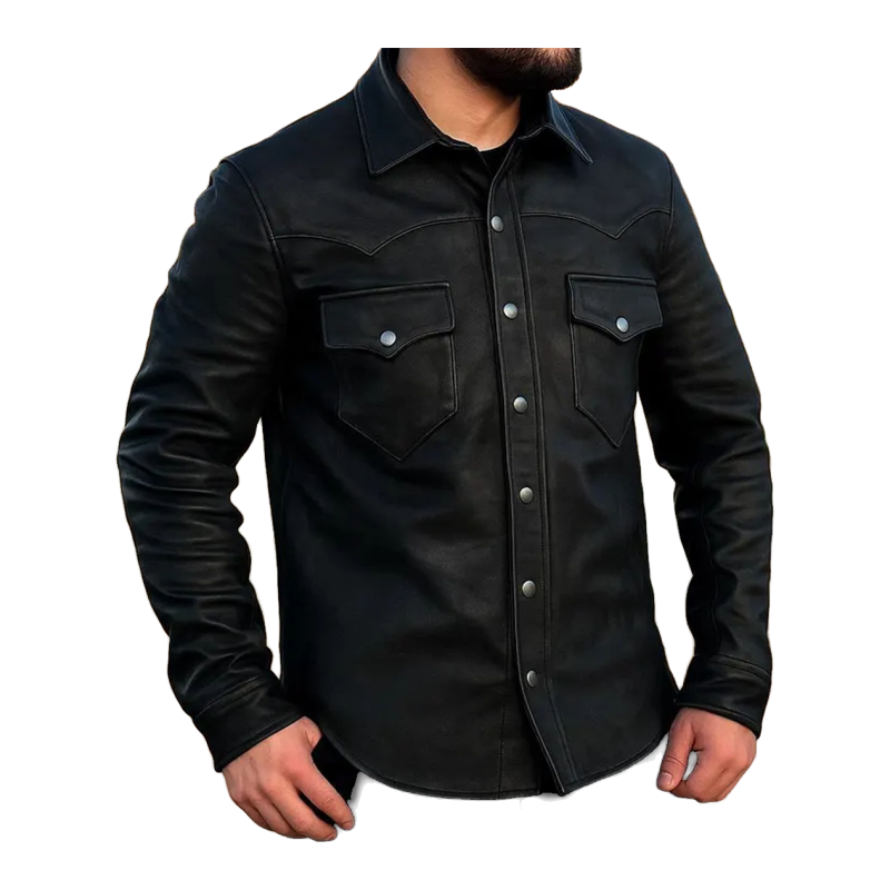 Men’s Black Cowhide Biker Leather Shirt - View 1