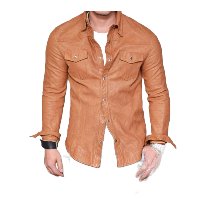 Men’s Brown Lambskin Leather Shirt - View 1