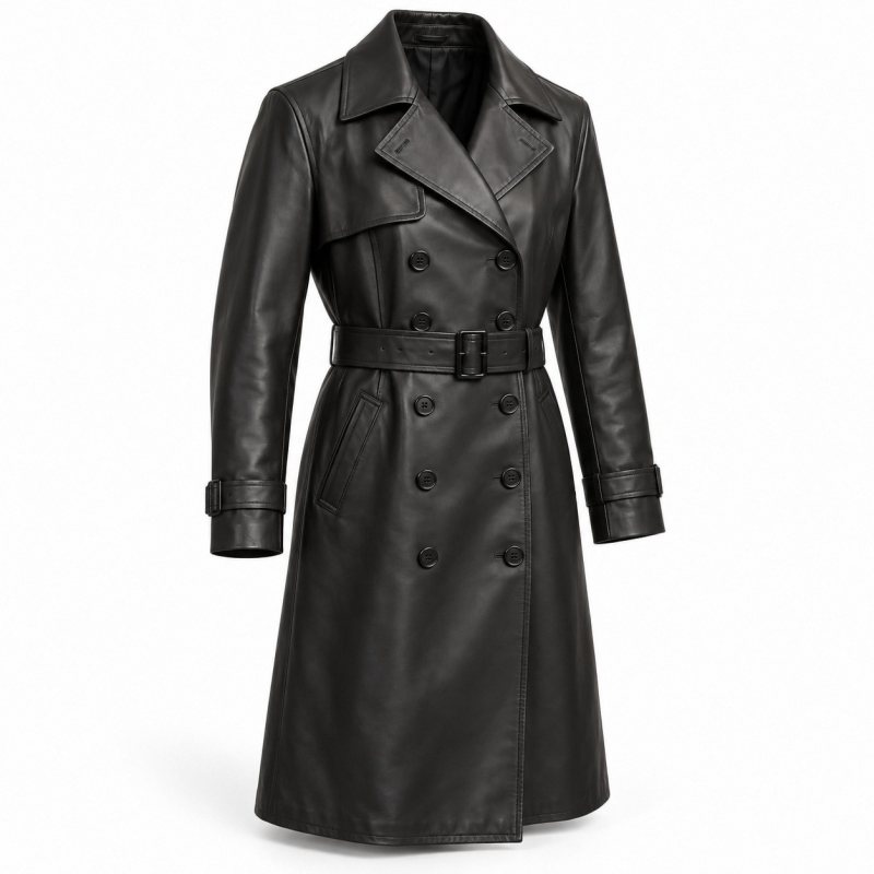 Zweireihiger Herren-Trenchcoat aus Leder - Vollständige Vorderansicht