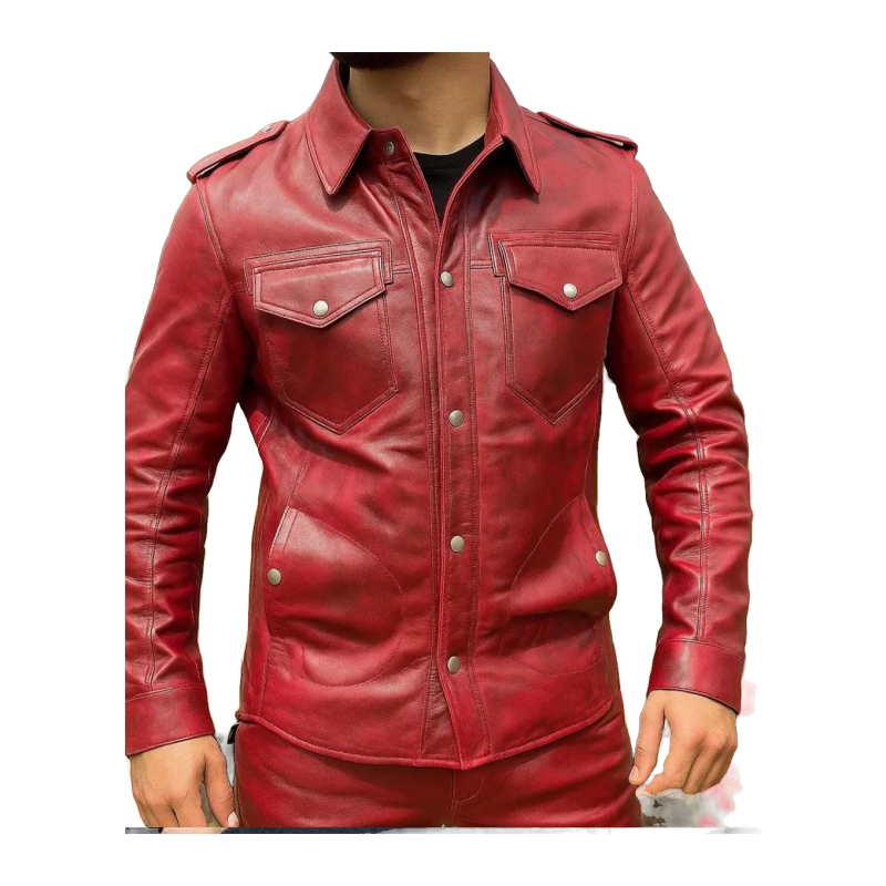 Men’s Red Distressed Biker Leather Shirt - View 1