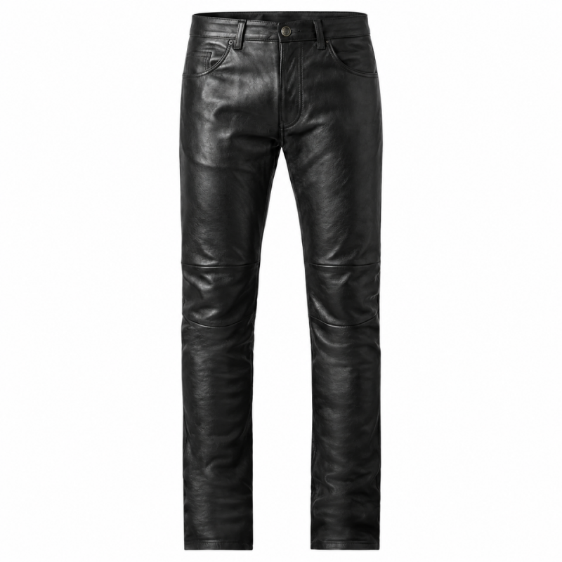 Men's Black Leather Biker Pants – Front View with Straight Leg Design