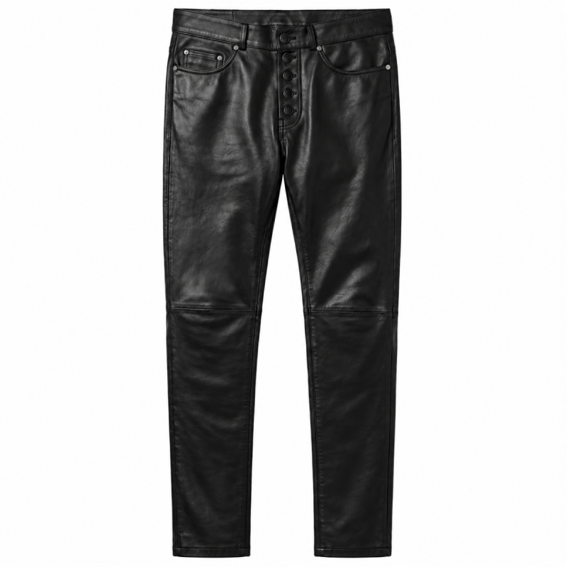 Men's Black Leather Biker Pants with Five-Button Fly – Front View