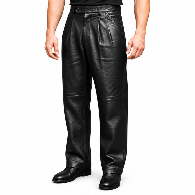 Men's black leather pants with high-waisted pleated front, angled pockets and relaxed straight-leg design.