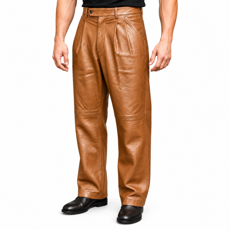 Men’s Tan Brown Leather Pants – Vintage Pleated Trousers