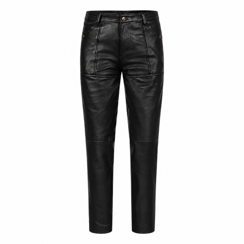 Men's Vintage Black Leather Rock & Roll Pants – Front View with Slim Straight Leg Design