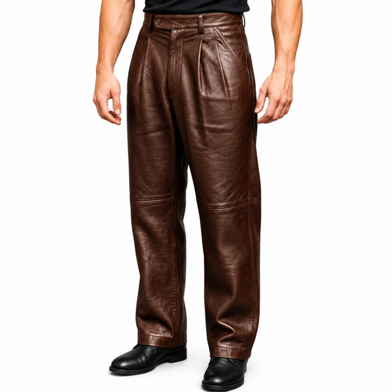 Men's vintage brown leather pants with high waist, pleated front and straight leg fit – front view